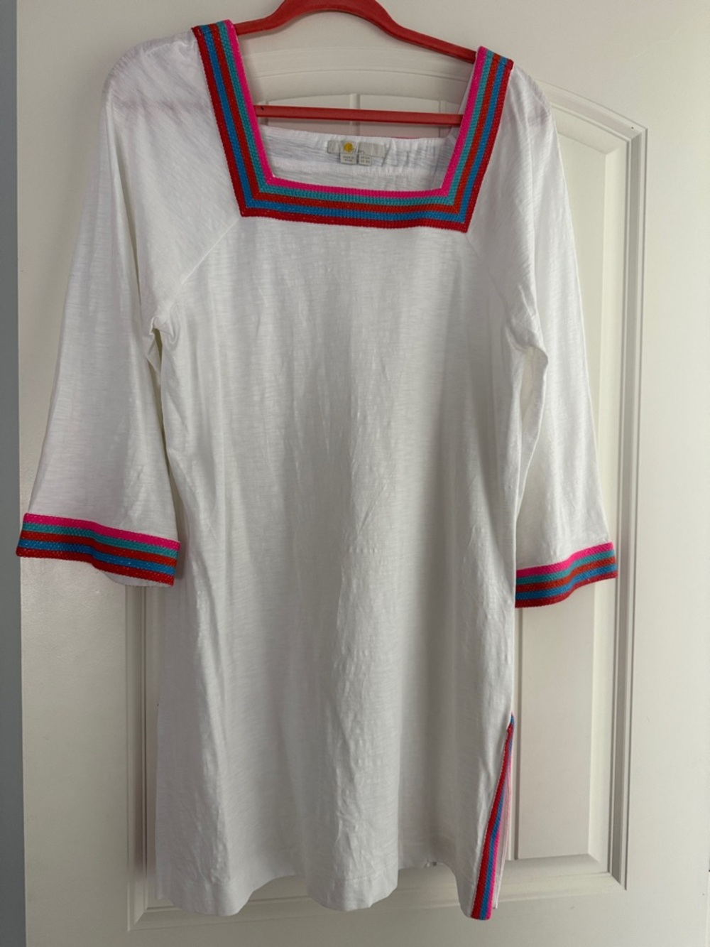Boden White Mini Dress with Colorful Striped Trim